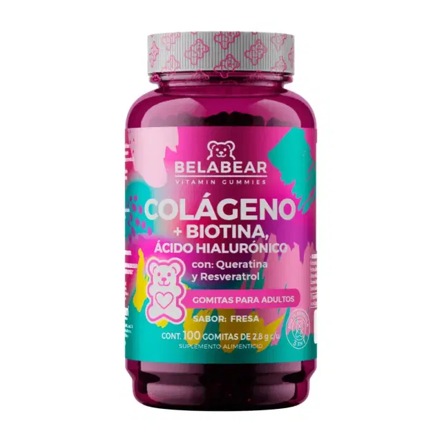 Belabear Colageno+Biotina, Acido Hialuronico Gomitas para adultos sabor fresa C/100 gomitas de 2,8 g c/u