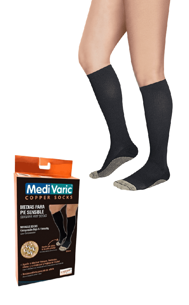 Calcetín hilado de cobre pie sensible Compresión 18 - 23 mmHg / Colores Negro, Azul y Café