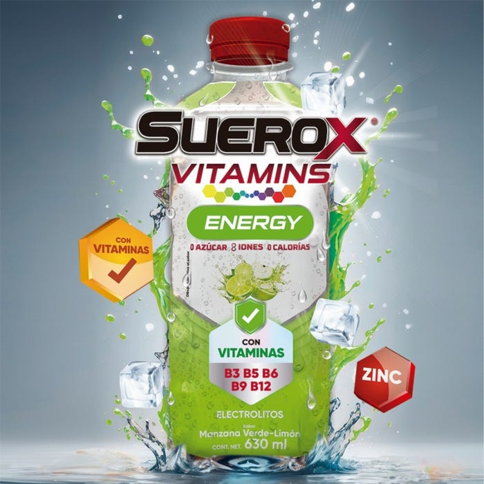 Suerox vitamins defense sabor manzana verde-limon  con vitaminas B3, B5, B6, B9, B12 630mL