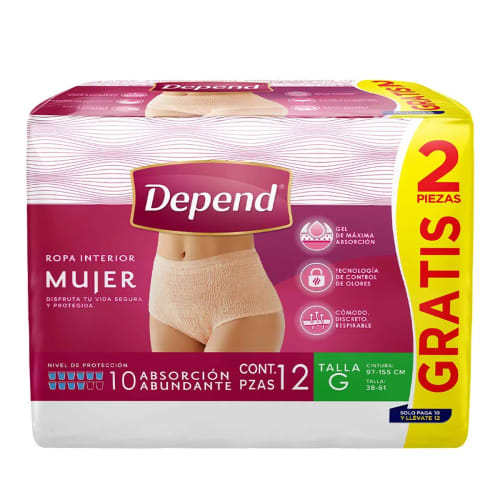 DEPEND ROPA INTERIOR TIPO PAÑAL DE MUJER GRANDES C/12