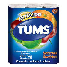 TUMS TABLETAS MASTICABLES SABORES SURTIDOS 750MG 3 ROLLOS DE 8 TABLETAS