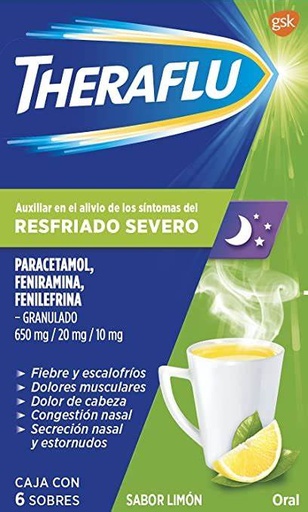 Theraflu resfriado severo sabor limon 650/20/10mg c/6 sobres