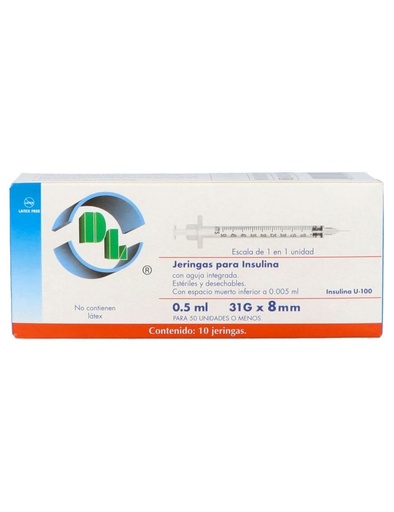 Jeringas para insulina 0.5mL 31G x8mm caja con/10