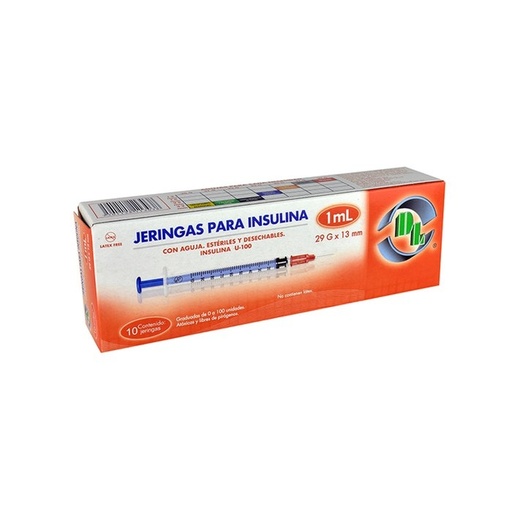 Jeringas para insulina 1mL 29G x 13mm caja con/10