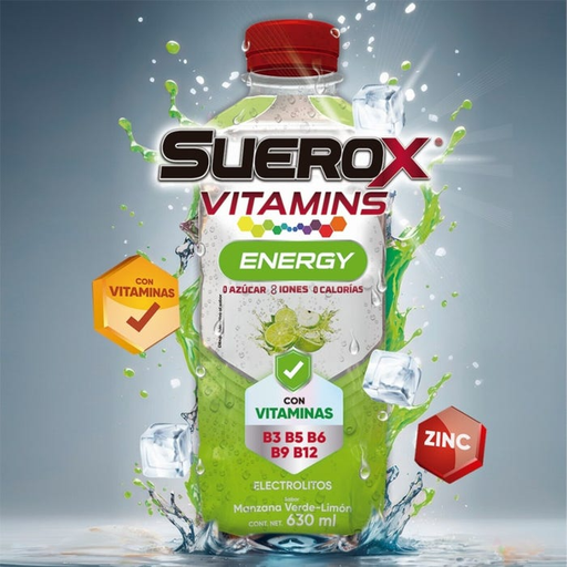 Suerox vitamins defense sabor manzana verde-limon  con vitaminas B3, B5, B6, B9, B12 630mL