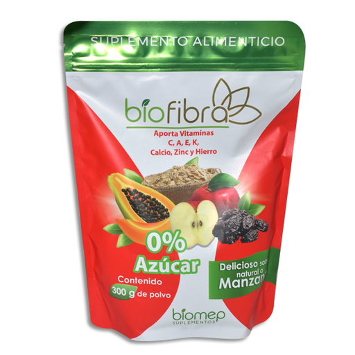 Biofibra Aporta Vitaminas C, A, E, K, Calcio, Zinc y Hierro 0% Azúcar Sabor Manzana 300 g de polvo